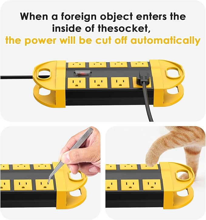CCCEI 2 Outdoor Power Strips Weatherproof with 8 Plug, Waterproof Extension Cord with Multiple Outlets, Christmas Exterior Garden Yard Surge Protector 10FT, Yellow.
