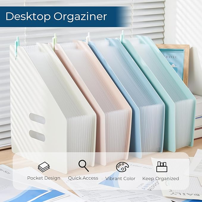 Y YOMA 2 Pack Expanding Magazine Holder with 13 Pockets | Portable Desktop Plastic Self Standing Accordion File Organizer for A4 Letter Size Document Storage Home Office School, Pink