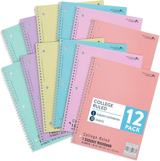 Blue Summit Pastel Spiral Notebook College Ruled, One Subject School Notebooks Spiral, Perforated Notebooks Bulk, 8 x 10.5 School Book, Paper, College Ruled, 12 Pack