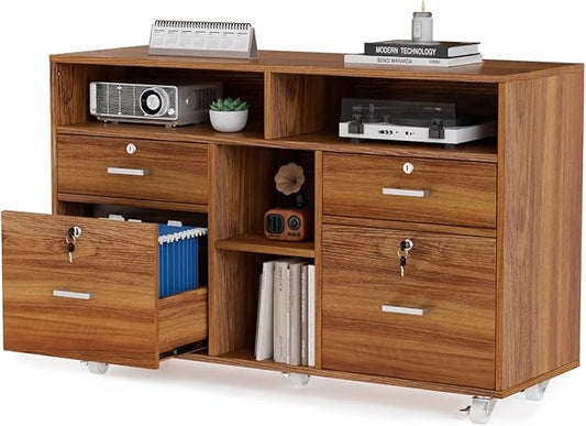 VINGLI Wide 4 Drawer Lockable Rolling File Cabinet with Open Shelves - Walnut Wood Lateral File Cabinet Printer Stand for Home Office, Letter Sized