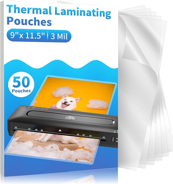 Clear Thermal Laminating Pouches – 9 x 11.5 Inch, 3 mil Thick (50 Pack) – Professional-Grade Lamination Sheets for Documents, Photos & Crafts – Fits 8.5 x 11 Letter Size Paper - [3mil 50 Packs]