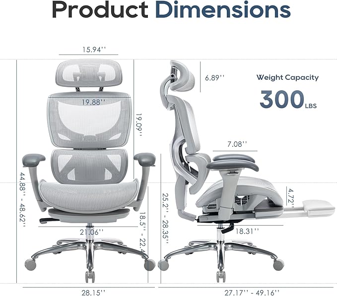 COLAMY Ergonomic Mesh Office Chair, Ergonomic Desk Chair with Footrest, Executive High Back Computer Desk Chair with Lumbar Support, Headrest and Adjustable 3D Arms, Tilt Lock and Lumbar Support-Grey