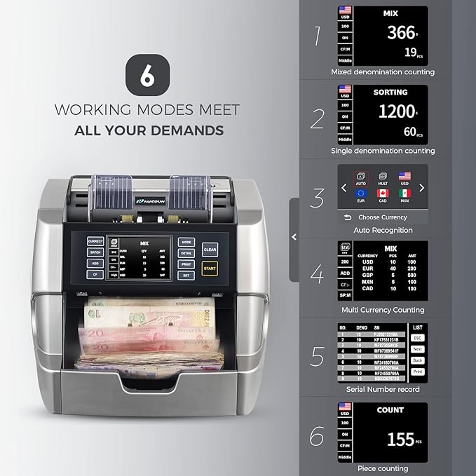NUCOUN VC-7 Bank Grade Money Counter Machine Mixed Denomination,Value Counting,Mulit Currency,Printer Enabled,Serial Number,Cash Bill Counter 2CIS/UV/IR/MG/MT Counterfeit Detection, Cash Counter