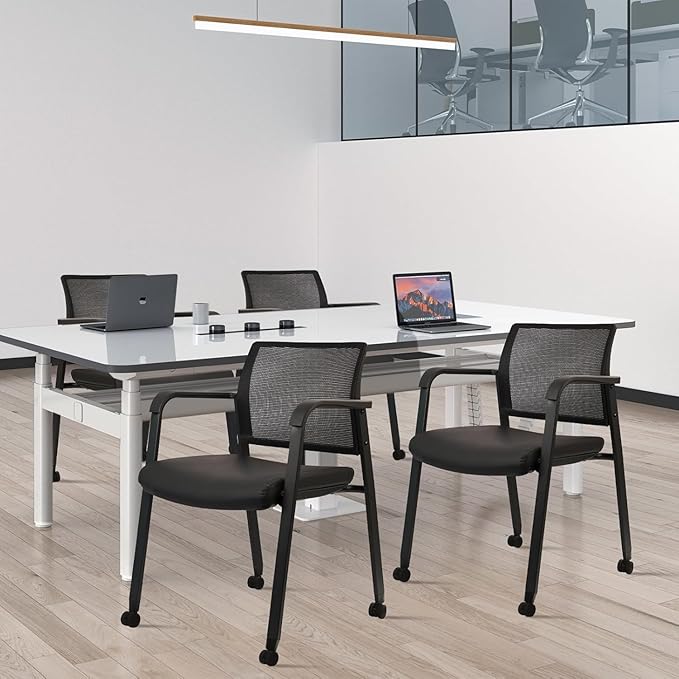 CLATINA Stacking Office Chair with Wheels, Mesh Back Waiting Room Guest Chairs with Arms Comfortable Leather Cushion Stackable Desk Chair for Conference Reception School Side Stationary, Black, 8 PK