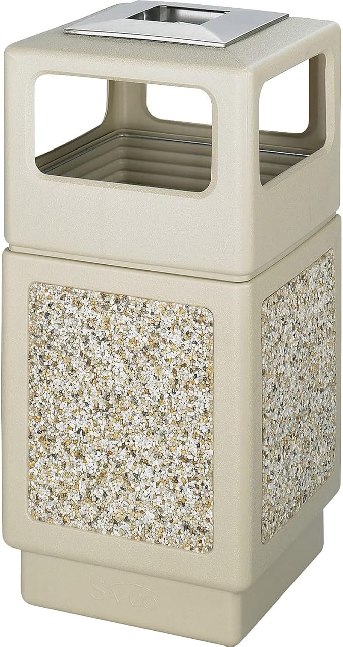 Safco Products Canmeleon Outdoor/Indoor Aggregate Panel Trash Can with Ash Urn 9473TN, Tan, Decorative Fluted Panels, Stainless Steel Ashtray, Weather Resistant