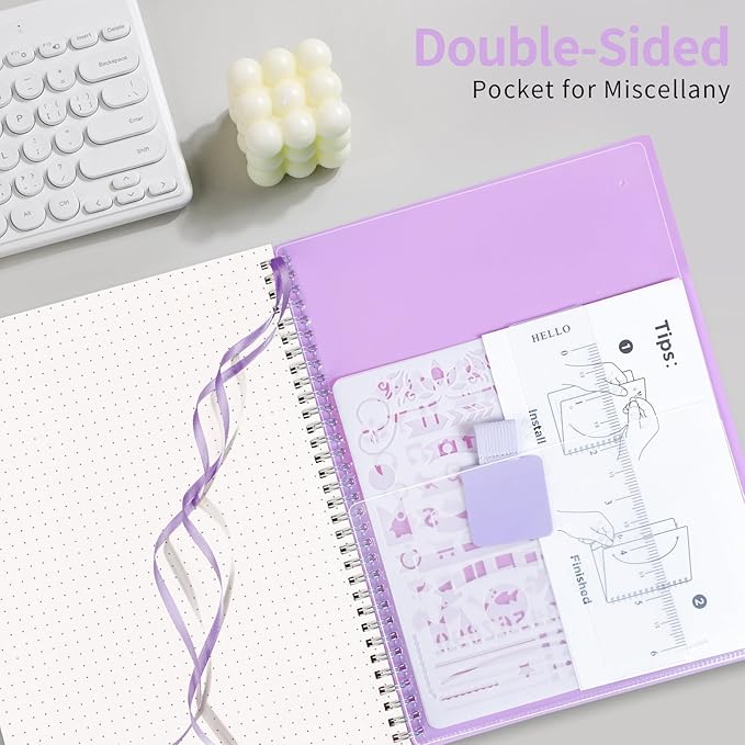 AHGXG Bullet Dotted Journal - Dot Grid Spiral Notebook 8.5" x 11", A4 Large Dotted Notebook, 100 GSM Thick Paper, Waterproof Plastic Cover Journals for Bullet Journaling, Sketching, Purple