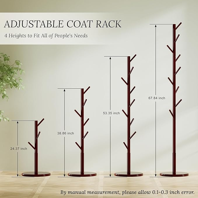 Wooden Coat Rack Freestanding Coat Tree with 4 Height Options and 9 Hooks, Sturdy Coat Rack Stand for Clothes/Bags/Hats, Easy Assemble Save Space for Entryway,Bedroom,Office,Narrow Place (Brown)