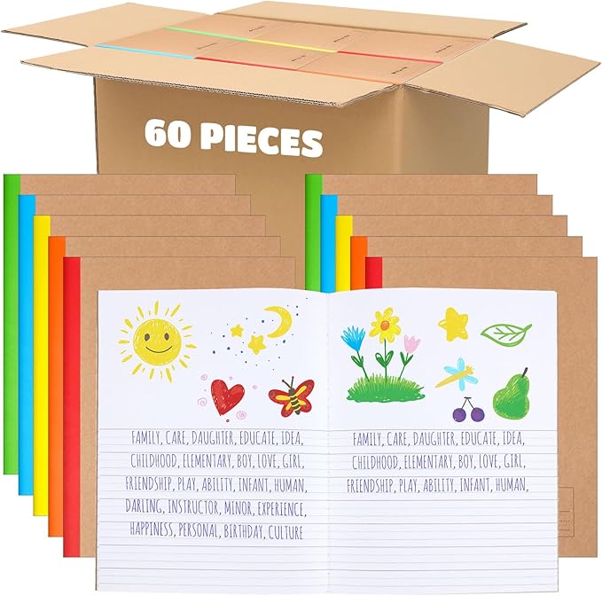Henoyso 60 Pcs Primary Composition Notebook for Kids 9.75 x 7.5 Inch K-2 Primary Writing Journal with Rainbow Spine 60 Pages Draw and White Journal for Student Back to School Supplies