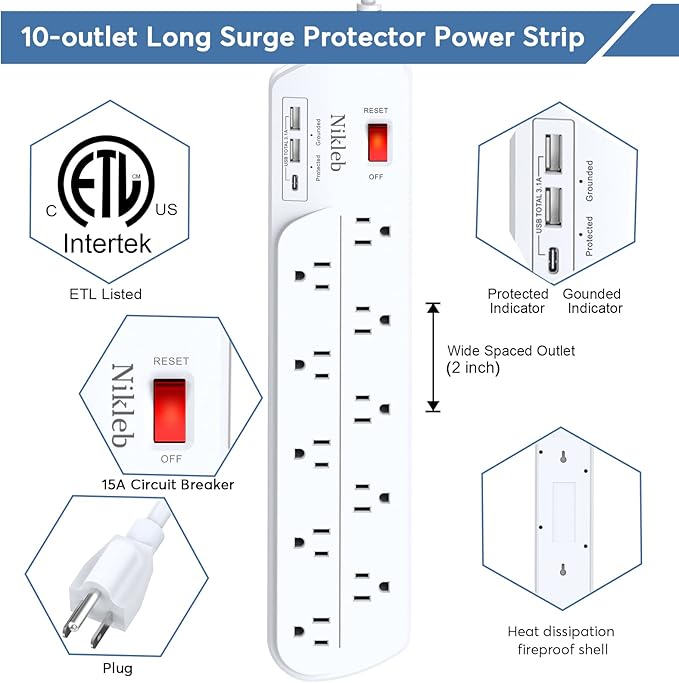 Long Power Strip, Multi Plug Outlet Extender Nikleb with 10 Outlets, Heavy Duty Extension Cord with 2 USB+1 Type C Ports, USB Plug Adapter Surge Protector for House, Garage, Patio, Basement