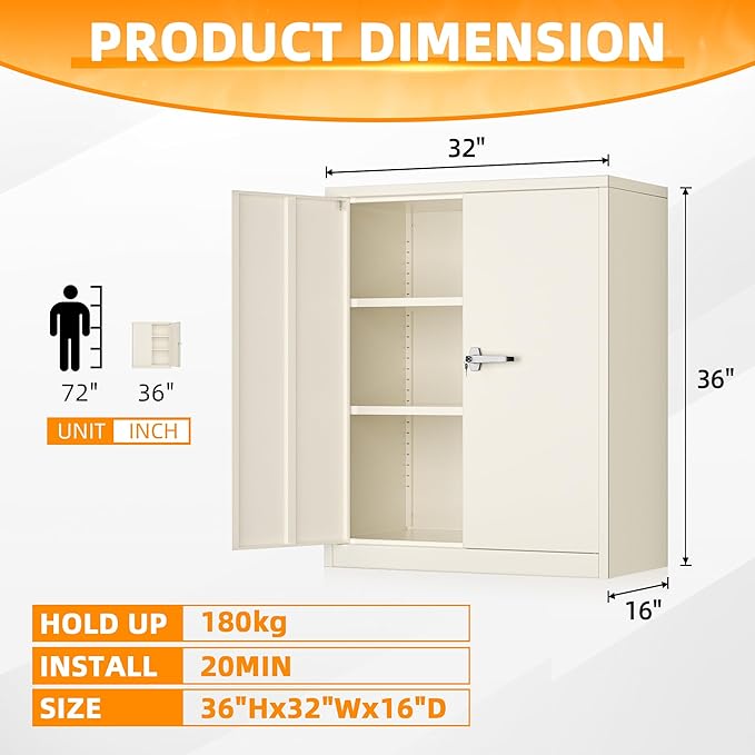 INTERGREAT Metal Cabinet with Lock, Lockable Metal Storage Cabinets with Doors and Shelves for Garage, Cream Grey Locking Garage Storage Cabinets 36"×32"×16"