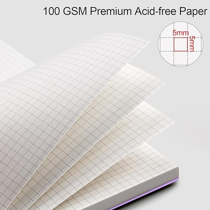 AHGXG Graph Paper Notebook - Spiral Notebook Journal 7.6" x 10", B5 Large Graph Notebook, 140 Pages, 100 gsm Thick Grid Paper, Waterproof Plastic Cover, for School Writing Engineering, Purple