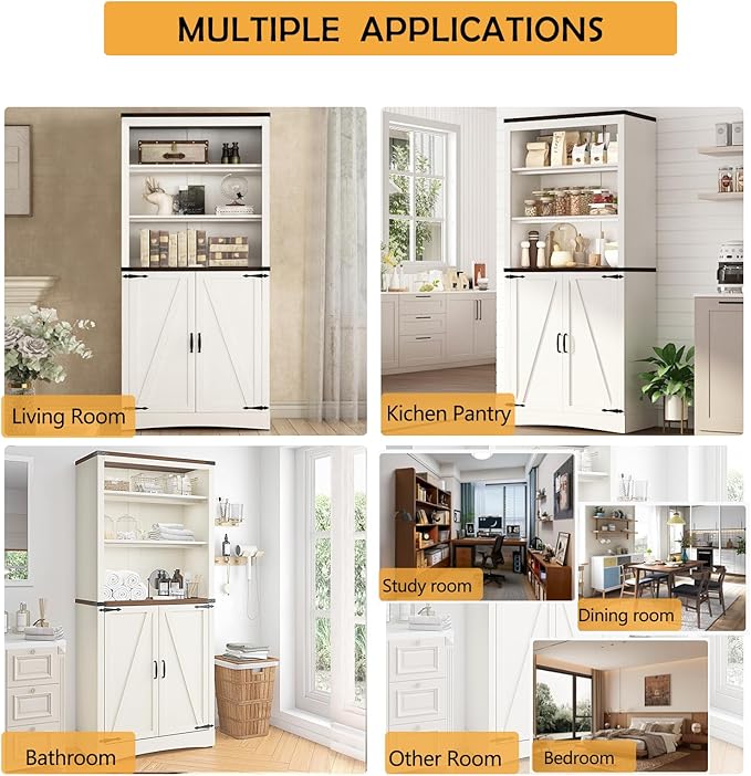 71in Farmhouse Kitchen Pantry Cabinet,Tall Storage Cabinet with 2 Doors and Adjustable shelves,with Load-Bearing Steel Pipe,Wood Storage Cabinets for Kitchen,Dining Room,Bathroom(White)