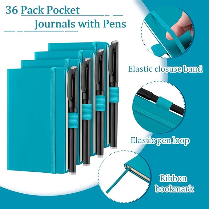 Laumoi 36 Sets Pocket Notebook Journals with Pens A6 Cute Small Journal Notebook Ruled Lined Mini Notepad Hardcover Executive Notebooks Set with Pen Holder for School Office, 3.7 x 5.7 Inch (Blue)