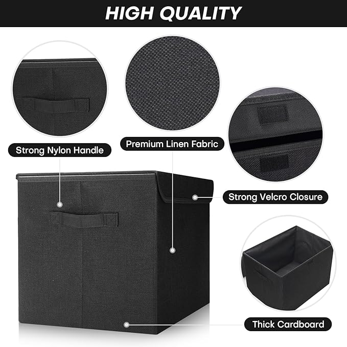 Large 17" 42 Quarts Collapsible Stackable Storage Bins with Lids [3-Pack] Foldable Fabric Linen Storage Boxes Cube, Closet Organizer Baskets with Label (16.7 x 12 x 12", Black)
