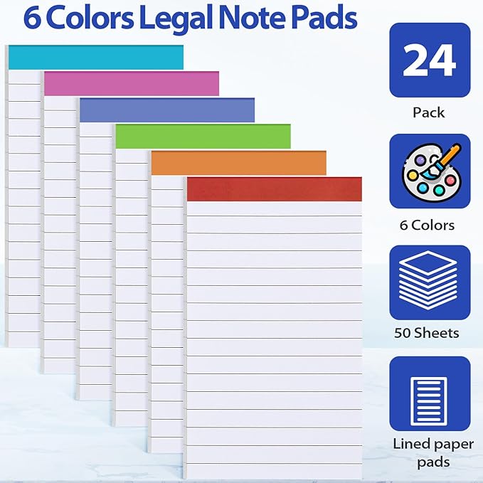 Colarr 24 Pack Legal Pads 3 x 5 Inches Lined Notepads 50 Sheets Wide Ruled Writing Pads for School College Office Business