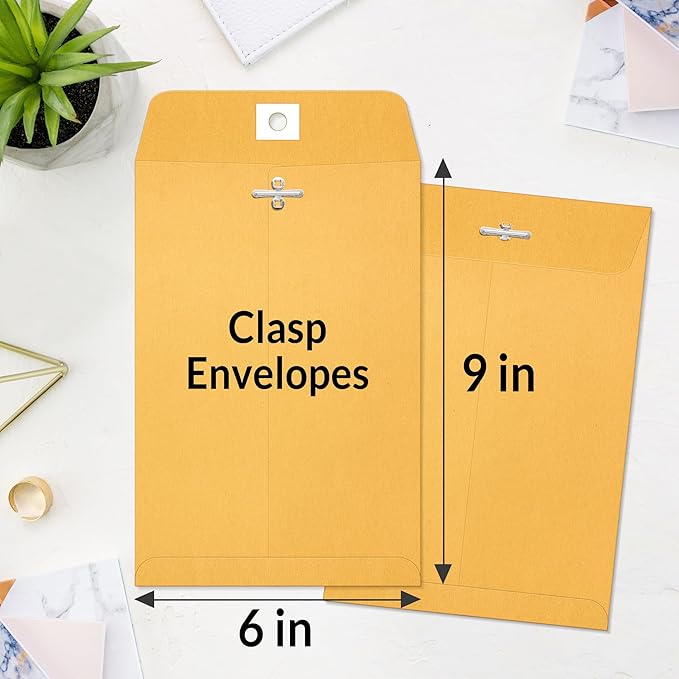 SUNEE 6x9 Clasp Envelopes 100 Count - 6x9 Inch Brown Kraft Envelopes with Clasp Closure – for Home, Office, Business, Legal or School, Great for Filing, Storing or Mailing Documents