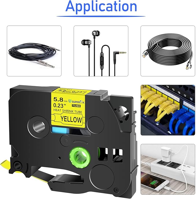 10PK Compatible for Ptouch HSe-611 HSe611 HS-611 HS611 Black on Yellow 5.8mm 0.23'' Heat Shrink Tubing for Wire Cable for PT300 PT-300B PT310 PT310B PT320 Label Maker Tape