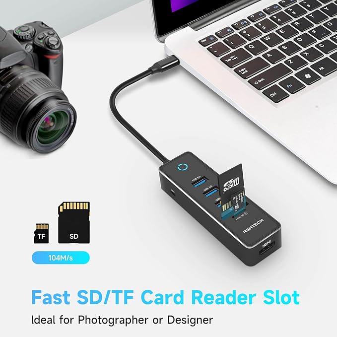 RSHTECH USB C Hub Dongle Adapter with 4K HDMI, 3 USB 3.0 Data Port, 100W Power Delivery, SD/TF Card Reader, Aluminum USB-C/Thunderbolt 3 Hub Dock for PC and Laptop, RSH-T16
