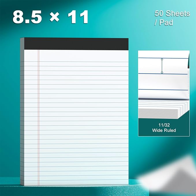 AILZFEI 300 Sheets White Legal Pads 8.5 x 11 Wide Ruled 6 Pack Notebook Paper Note Pad 50 Sheets per Notepad Perforated Writing Pad Study Back 8x11 Pads of Paper