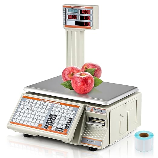 Bonvoisin Label Printing Scale 66lbs Capacity Price Computing Scale Pole Display with Label and Receipt Printer Commercial Barcode Scale for Retail Store, Supermarket and Farm