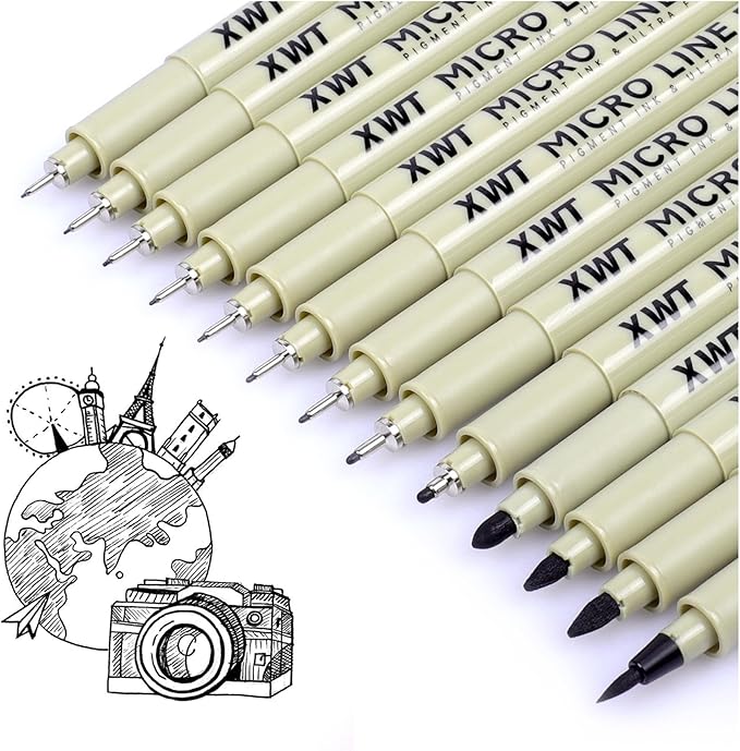 12+1 Fineliner Drawing Art Pens, Black Waterproof Pigment Ink Set for Artists, Sketching, Manga, Watercolor, Calligraphy, and Detail Outlining Archival Quality Inking Markers