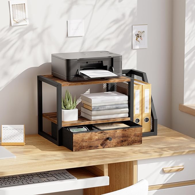 Home Printer Stand for Desk, Desktop Printer Table with Storage Drawer and Side Book Stand, 2-Tier Printer Shelf, Desk Organizer for Home Office, Rustic Brown and Black PTHR3001