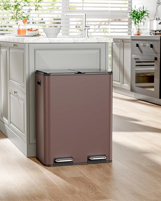 16 Gal (2 x 30 L) Dual Trash Can, Stainless Steel Kitchen Garbage Bin, Recycle Dustbin with Odor Control Box, Soft-Close Lid, Inner Buckets, Side Handle, Step Pedal, for Home Office