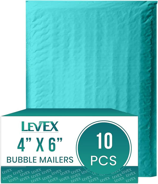 Levex - #0000 4" x 6" [10 Pack] Teal Poly Bubble Mailers, Padded Envelope Mailers, Packing Envelope & Mailing Bags for Shipping