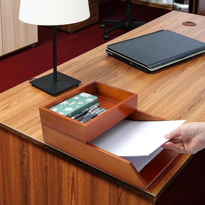 Desk Organizer Letter Tray Set of 2, Magnetic Wooden Tabletop Desktop for Storage Paper Letter Folders Notebooks Copy Print, Workspace Holder, Office Supplies, Keep Stationery Saver-Brown