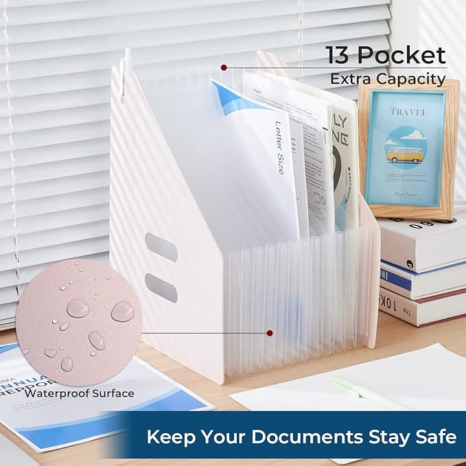 Y YOMA 2 Pack Expanding Magazine Holder with 13 Pockets | Portable Desktop Plastic Self Standing Accordion File Organizer for A4 Letter Size Document Storage Home Office School, Pink