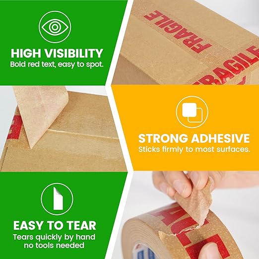 ADHES Fragile Tape, Biodegradable Kraft Paper Tape - 2in x 55yds, 3 Rolls, Strong Adhesive, Eco-Friendly Paper Packing Tape for Shipping & Moving, Heavy Duty Protection for Fragile Items
