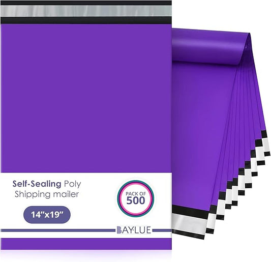 Purple Large Poly Mailers 14.5x19 Inch | Strong Adhesive Self-Seal Mailer Bag | Tear, Tamper, Water Resistant Shipping Envelopes | Thick Strong polymailer Bags | Clothing Shipping Bags | 500 Pcs Bulk