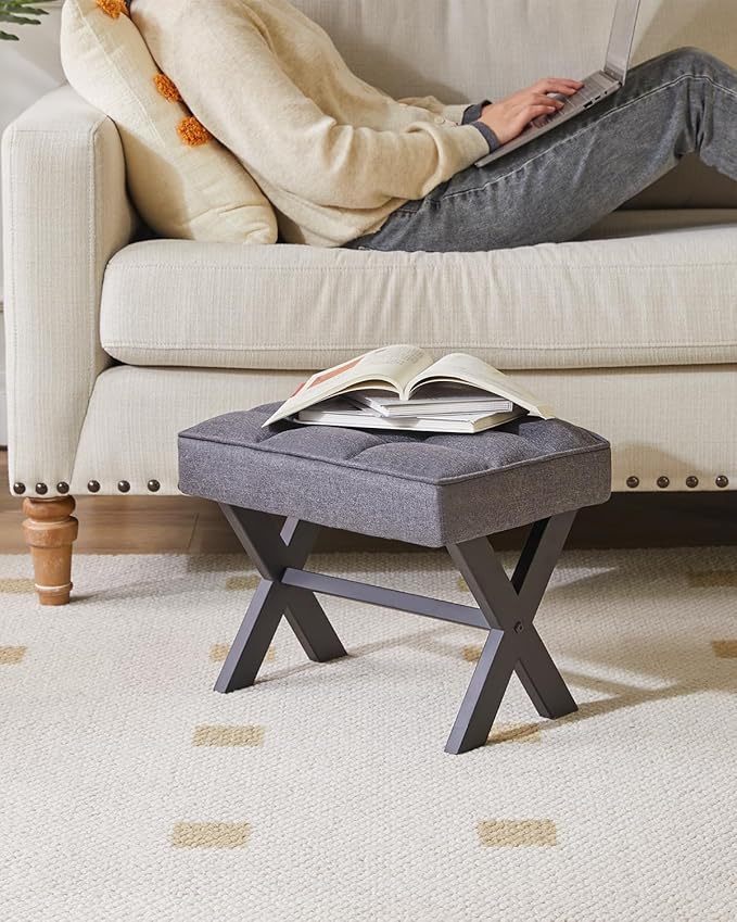 IBUYKE Small 12" H Footrest, Square Linen Foot Stool with Metal X-Leg, Multi-Use as Small Side Table, Step Stool for Living Room, Bedroom, Entryway, Office, Dark Gray WBD011G