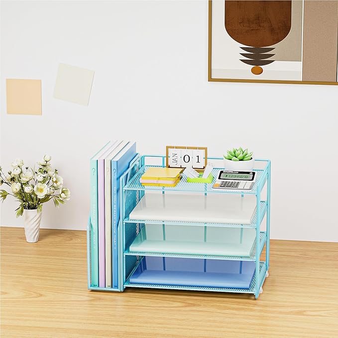 Marbrasse Desk Organizer and Accessories，4-Tier Paper Letter Tray Organizer with File Holder，Desk Accessories & Workspace Desktop Organizers for School Home Office Supplies (Blue)