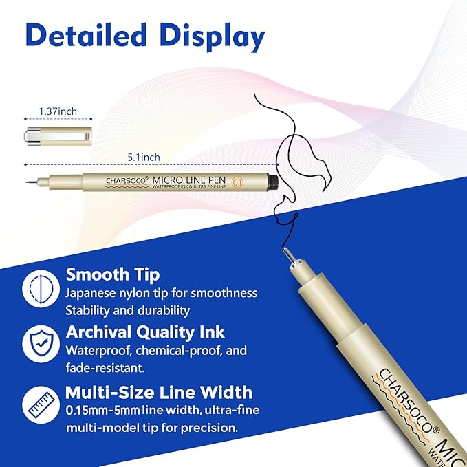 L Micro Pen, 6 Pack Black Fine Point Pen with Waterproof Archival Ink, 2-5mm Fineliner Ink Pens for Artist Illustration, Sketching, Anime, Manga, Technical Drawing and Scrapbooking