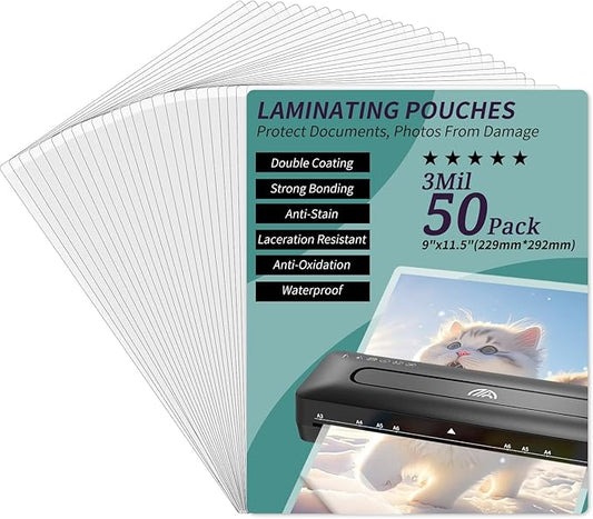Laminating Sheets - 3Mil 50 Pack Thermal Laminating Pouches, 9"x11.5" Clear Laminate Sheets for Schedules, Menus, Certificates, Art Drawings, Round Corner