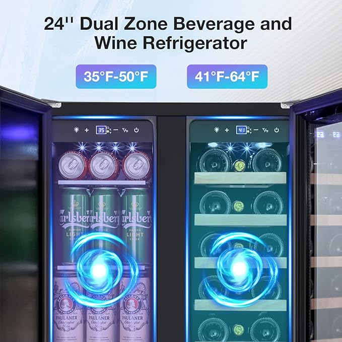Tylza Wine and Beverage Refrigerator, 24 inch Dual Zone Wine Beverage Cooler Built-in and Freestanding, with Seamless Stainless Steel Door Quick Cooling Under Counter Beer Wine refrigerator
