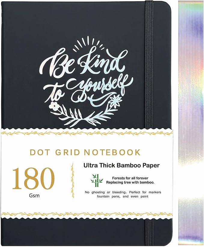 Dotted Notebook Journal 180GSM Bamboo Thick White Paper 160 Pages 5 * 5MM Dot Grid, Lay Flat Binding,Colored Silver Edges, Bookmarks and Expandable Back Pocket (BKP-8)