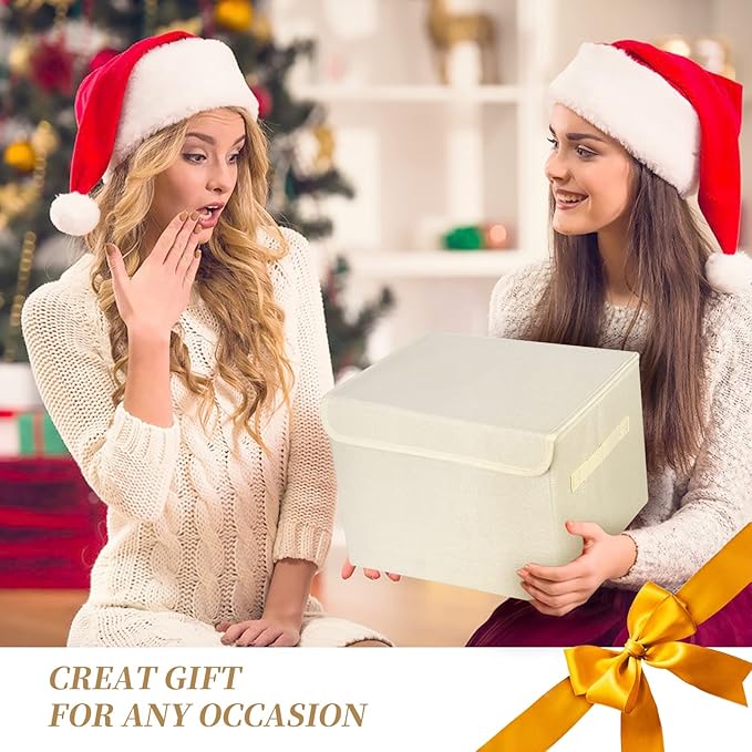 Large 22 Quart [4-Pack] Linen Fabric Foldable Storage Bin Cube Organizer Basket with Flip-Top Lid & Handles, Clothes Blanket Box for Home, Office, Closet (14.6 x 9.5 x 9.5, Beige)