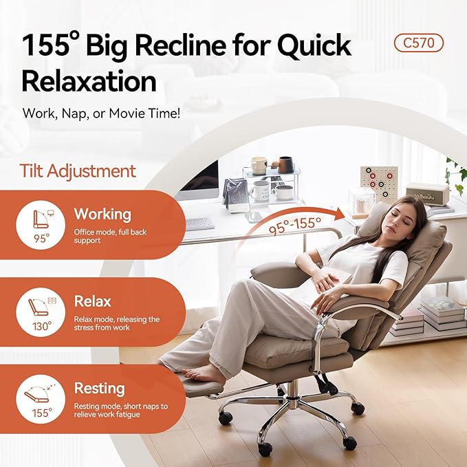 LEAGOO Reclining Office Chair with Foot Rest, Executive Office Chairs with Arms, Ergonomic High Back PU Leather Comfy Swivel Computer Desk Chairs with Wheels and Lumbar Support for Home Office, Khaki