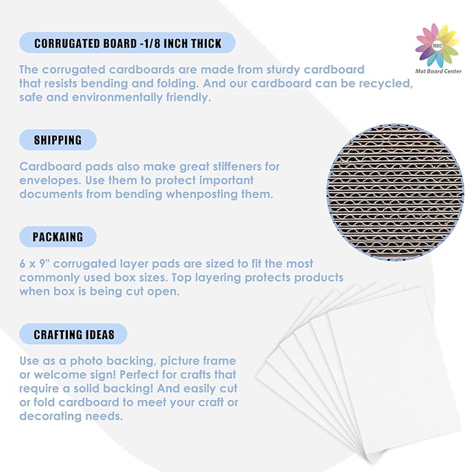 Mat Board Center, 25 pack 6x9 Corrugated Cardboard sheet, 1/8 inch thick, Flat Cardboard Inserts for Mailing, Packaging & Shipping, Cardboard Backing, Craft Card Board (White on one side)
