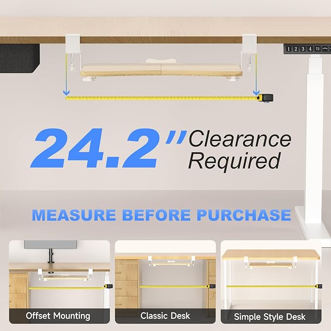 suptek Small Keyboard Tray Under Desk Pull Out with C Clamp Mount for Computer Keyboard, 20 (24.2 Including Clamps) x 11.8 inch Slide-Out Platform Computer Drawer for Typing, Light Wood, DSF1SQM
