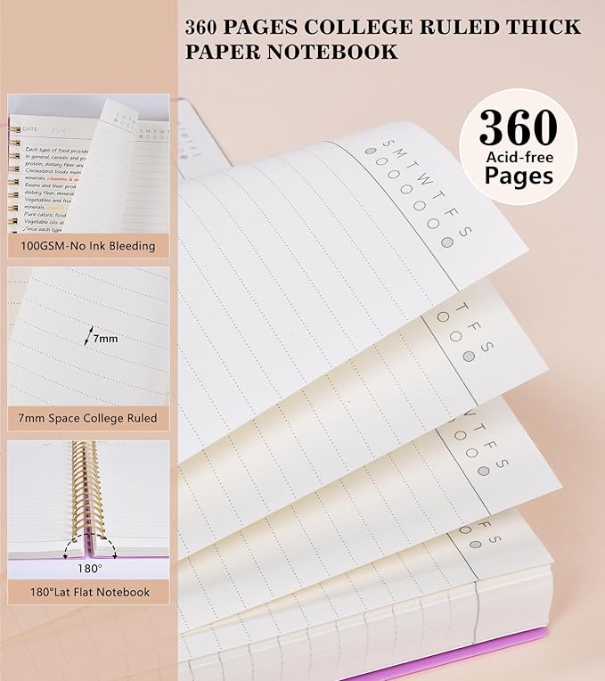 Spiral Notebook Journal College Ruled 8.5''x 11'', 360 Pages Lined Thick Journals for Women Men, A4 Large Writing Spiral Journal with 100GSM Paper, Spiral Notebooks for Work, School Purple