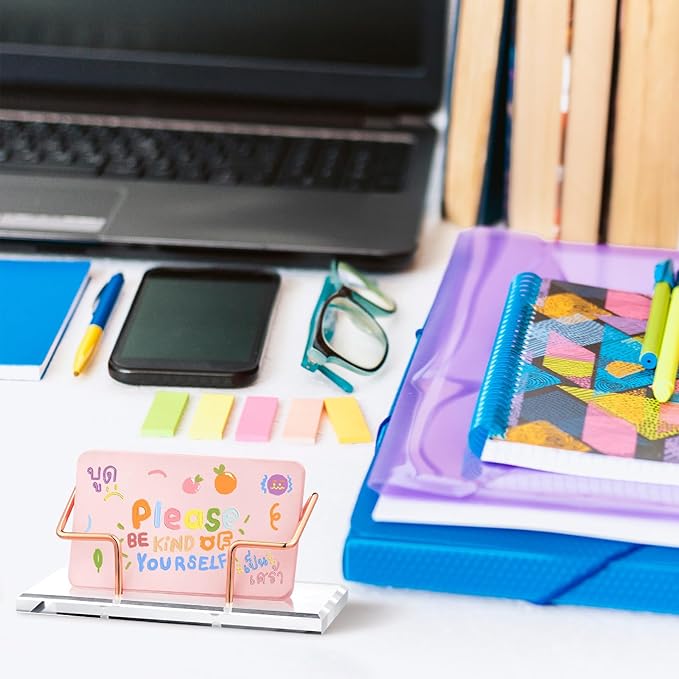 Amyhill 2 Pieces Acrylic Business Card Holder for Desk Clear Horizontal Business Card Display Stand Postcard Holder for Office Home Desktop (Rose Gold)