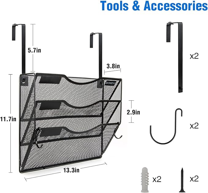 Wall File Organizer, 3 Tire Hanging File Folder Mail Organizer, Vertical Mesh Metal Door/Wall Mount Hanging File Holder, Paper Document Magazine Rack with Hooks for Home Office Black