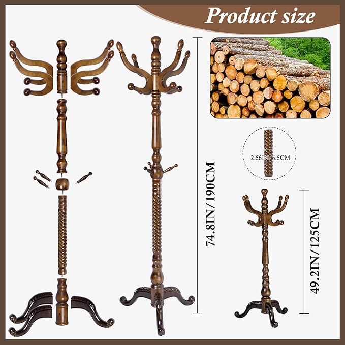 Wooden Coat Rack Freestanding, Vintage Coat Racks with Sturdy Round Base, Adjustable Height 37.40"-72.83" Entrance Coat Rack for Bedroom Living Room Entryway (Vintage Triangle)