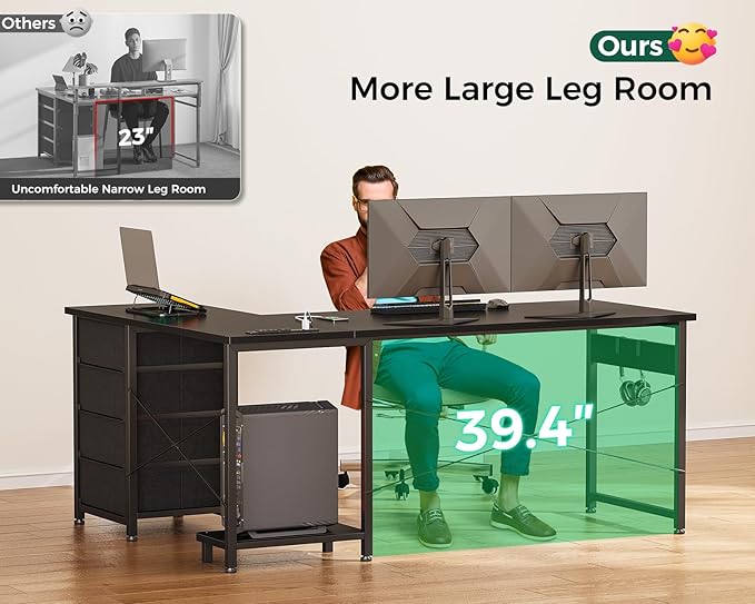 Casaottima L Shaped Desk with 4 Tier Drawers, 53" Gaming Desk with Power Outlets & USB, Reversible L-Shaped Computer Desk with CPU Stand, Home Office Corner Desk with Storage, Easy Assemble, Black