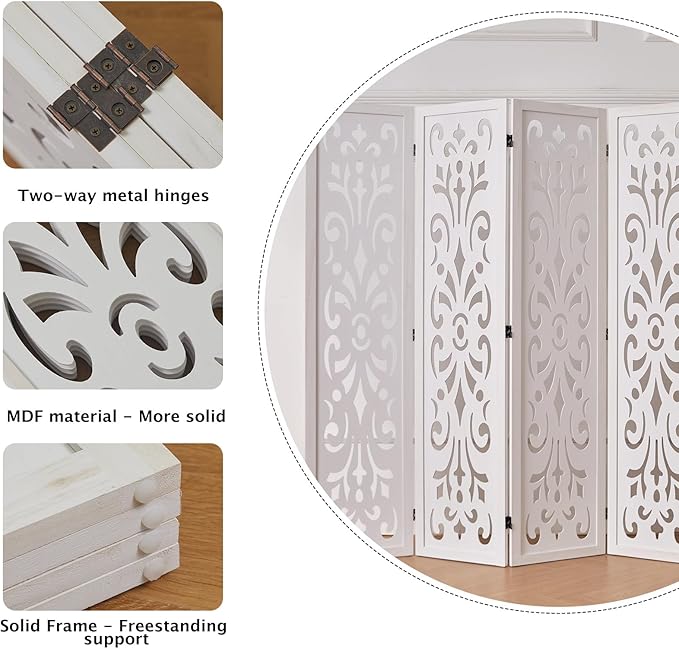 5.6Ft Room Divider Folding Wood Classical Carved Partition Screen for Home Office Garden - 4 Panels (White)