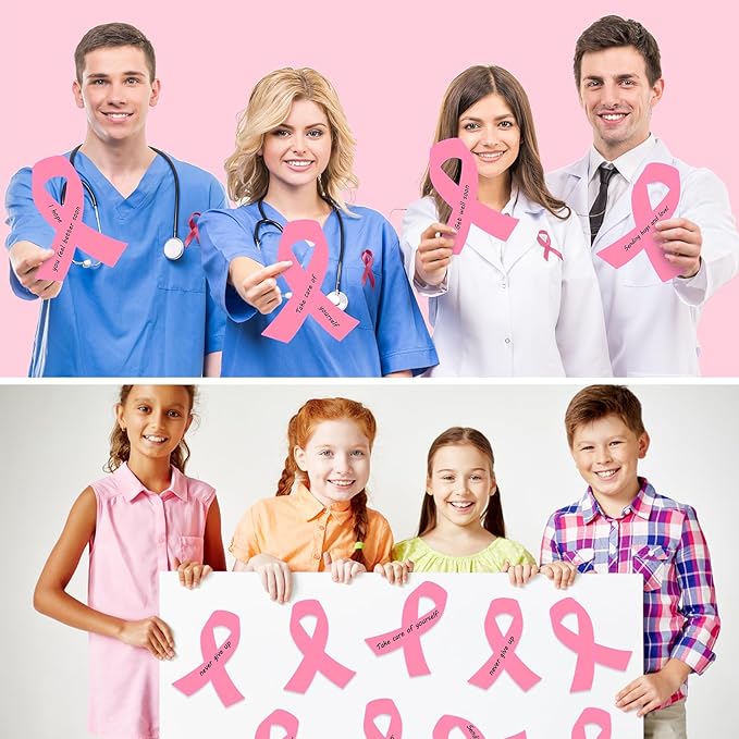 Kosiz 100 Pack Large Pink Ribbon Set 100 Breast Cancer Awareness Cutouts 2 Marker Pens 100 Wooden Clips with Rope Pink Ribbon Breast Cancer Awareness Items for Women Charity Support Supplies