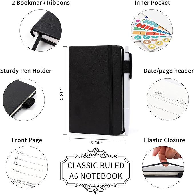 feela 6 Pack Pocket Mini Notebooks Bulk, Small Cute Memo Notepads Hardcover College Ruled Lined Journals with Pen Holder for School Business Work, with 6 Black Pens, 3.5”x 5.5”, A6, Black